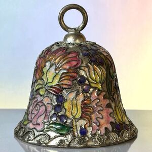 Vintage Cloisonne Bell Ornament Handpainted with Enamel Flowers 3.5" Tall